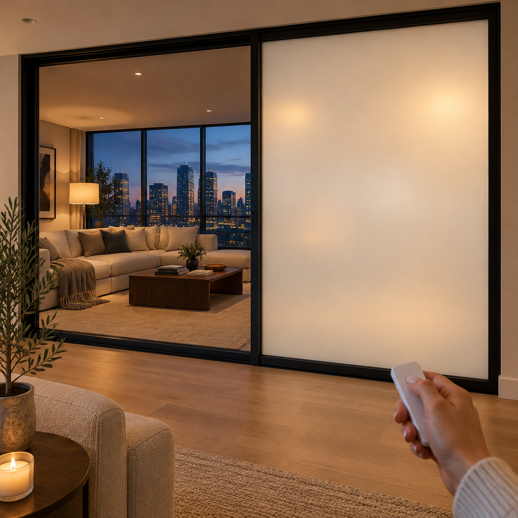 Smart film switching a living-room window between clear and frosted