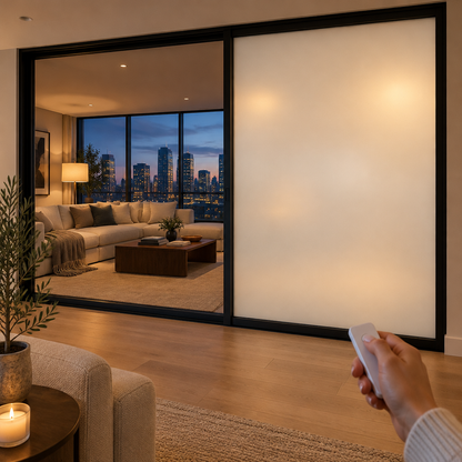 Smart film switching a living-room window between clear and frosted