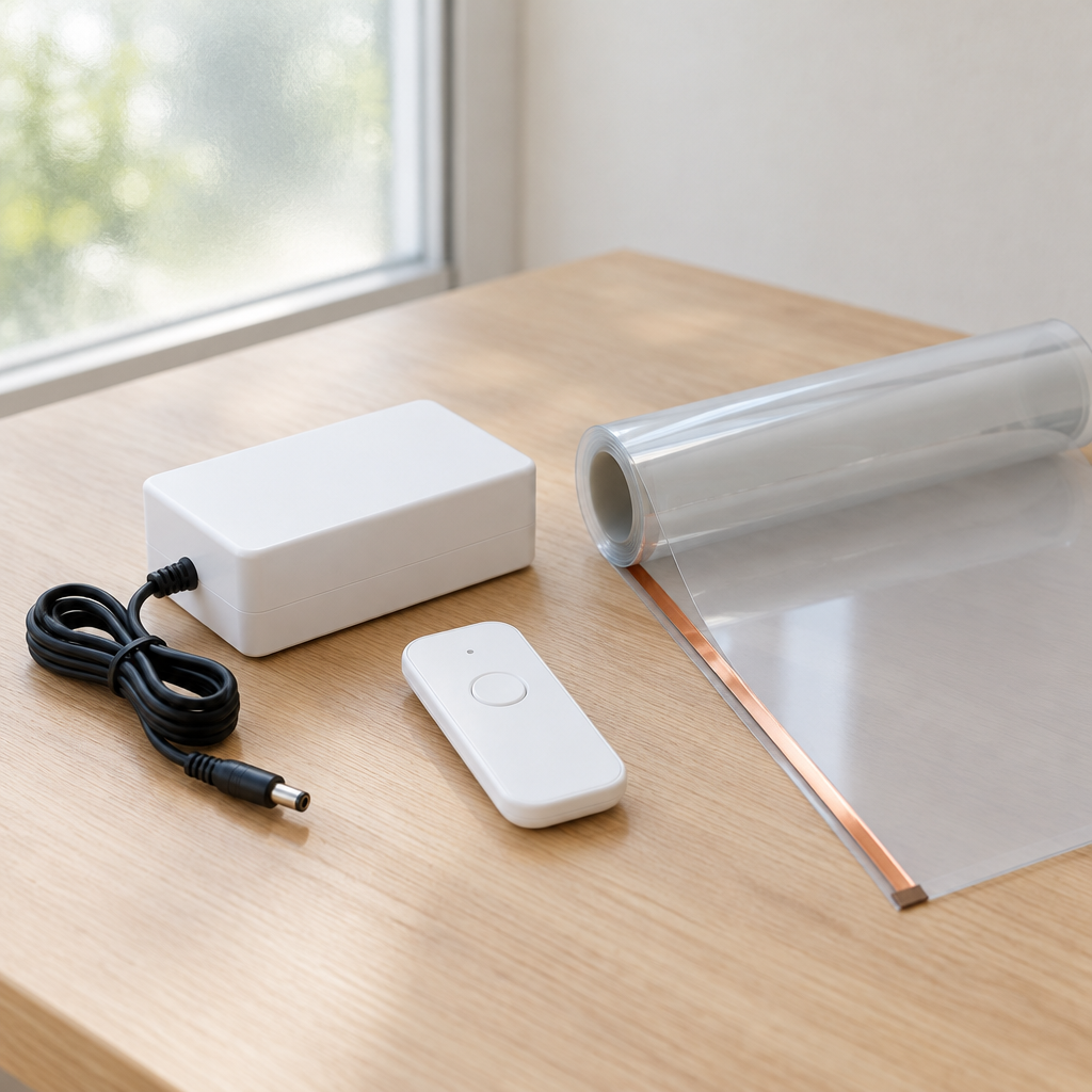 What's in the box: film, transformer, remote and squeegee